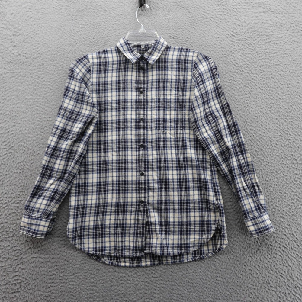 Madewell Slim Fit Ex Boyfriend Flannel Shirt Small Blue Ivory Plaid Women Casual